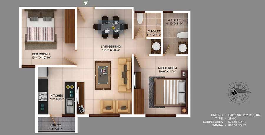 Floor plan of 2 BHK Apartment - 621 sq. ft. in Concorde Wind Rush, Bangalore