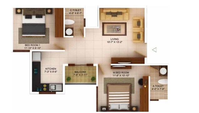 Floor plan of 2 BHK Apartment - 839 sq. ft. in Concorde Wind Rush, Bangalore