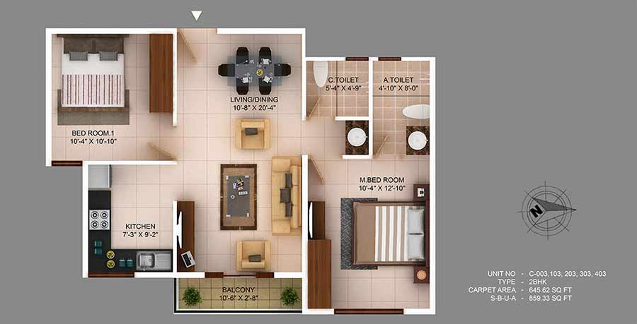 Floor plan of 2 BHK Apartment - 646 sq. ft. in Concorde Wind Rush, Bangalore