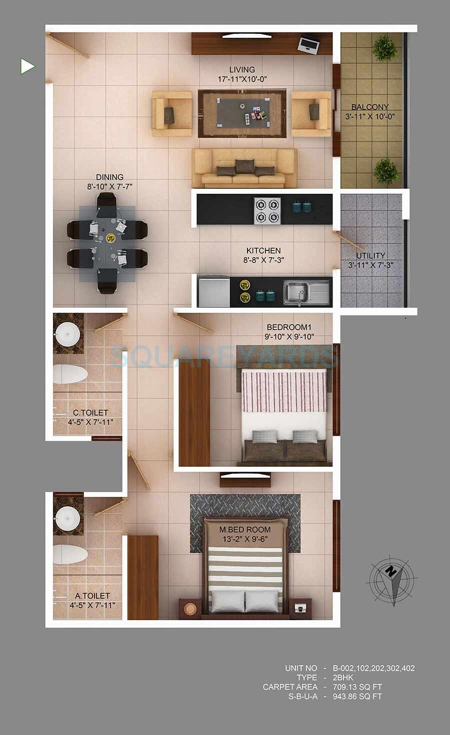Floor plan of 2 BHK Apartment - 709 sq. ft. in Concorde Wind Rush, Bangalore