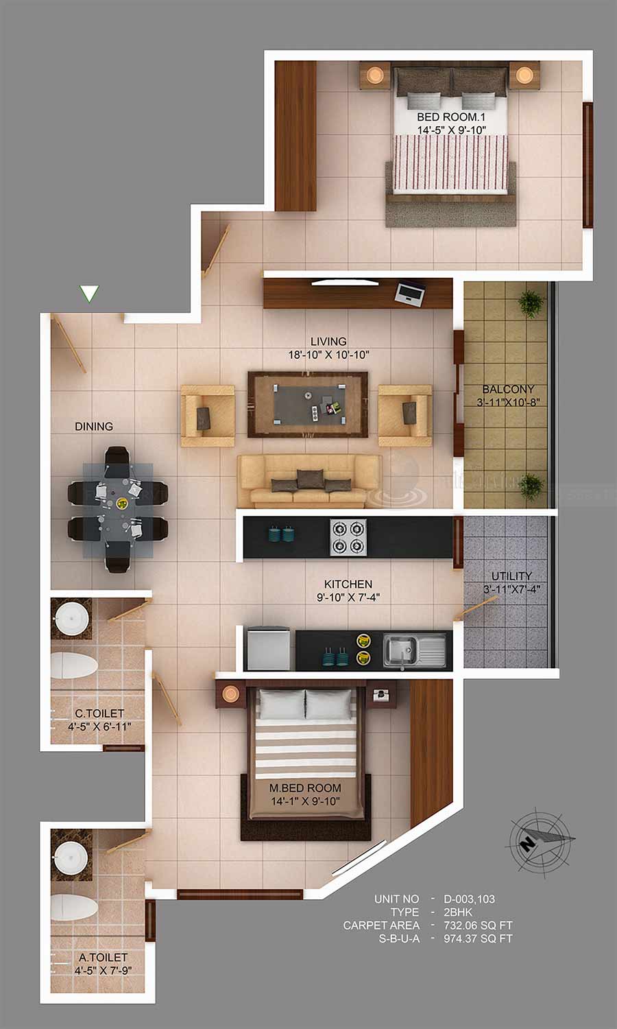 Floor plan of 2 BHK Apartment - 732 sq. ft. in Concorde Wind Rush, Bangalore