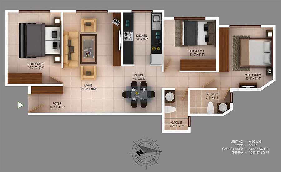 Floor plan of 3 BHK Apartment - 812 sq. ft. in Concorde Wind Rush, Bangalore