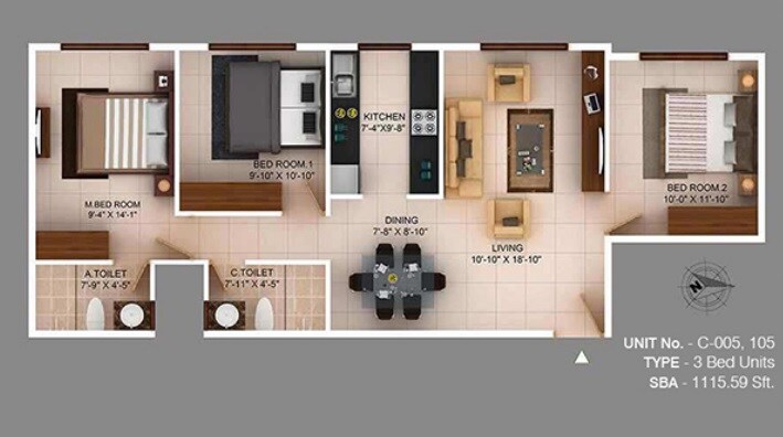 Floor plan of 3 BHK Apartment - 1115 sq. ft. in Concorde Wind Rush, Bangalore