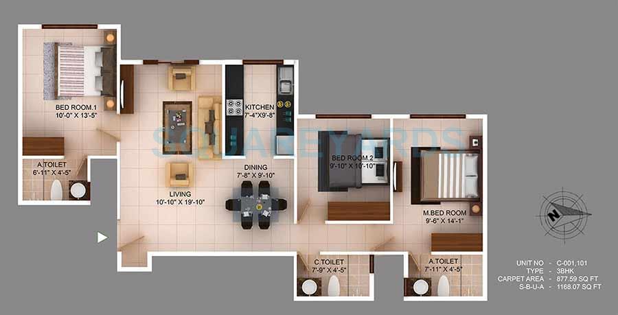 Floor plan of 3 BHK Apartment - 901 sq. ft. in Concorde Wind Rush, Bangalore