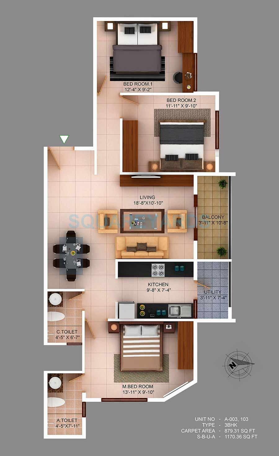 Floor plan of 3 BHK Apartment - 880 sq. ft. in Concorde Wind Rush, Bangalore