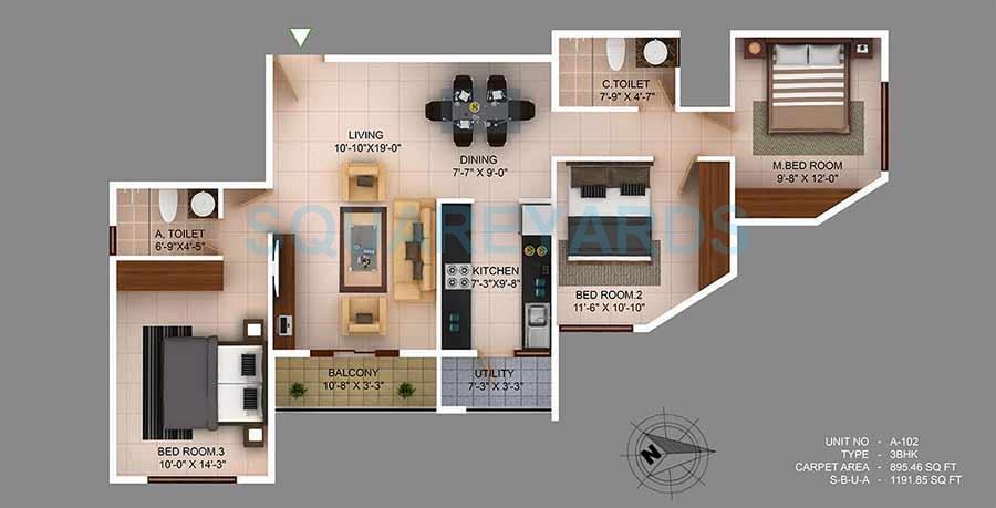 Floor plan of 3 BHK Apartment - 898 sq. ft. in Concorde Wind Rush, Bangalore