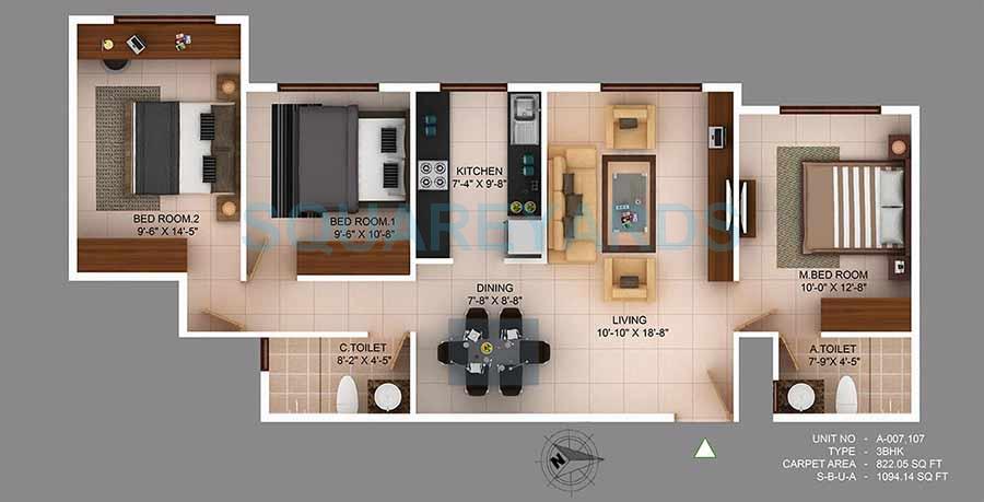 Floor plan of 3 BHK Apartment - 898 sq. ft. in Concorde Wind Rush, Bangalore