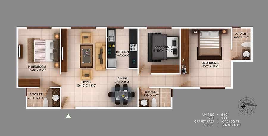 Floor plan of 3 BHK Apartment - 909 sq. ft. in Concorde Wind Rush, Bangalore