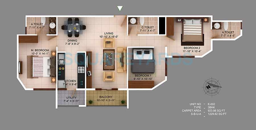 Floor plan of 3 BHK Apartment - 924 sq. ft. in Concorde Wind Rush, Bangalore