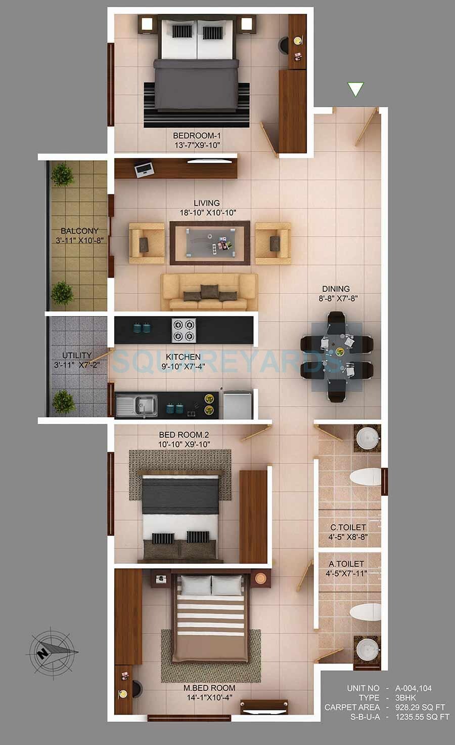 Floor plan of 3 BHK Apartment - 929 sq. ft. in Concorde Wind Rush, Bangalore