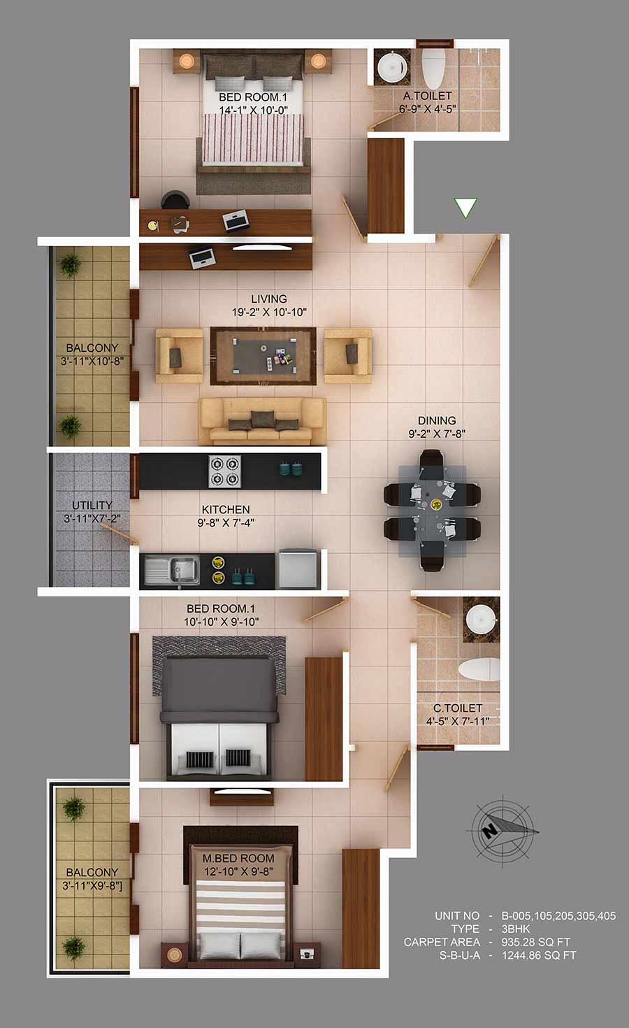 Floor plan of 3 BHK Apartment - 935 sq. ft. in Concorde Wind Rush, Bangalore