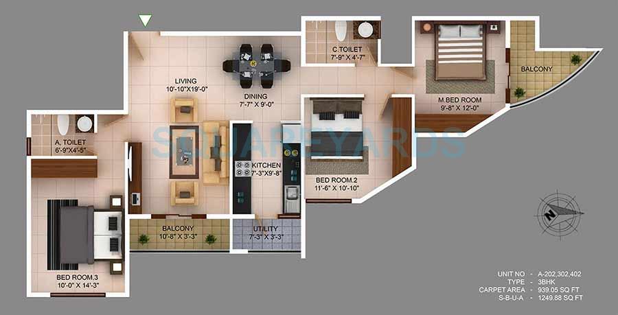 Floor plan of 3 BHK Apartment - 939 sq. ft. in Concorde Wind Rush, Bangalore