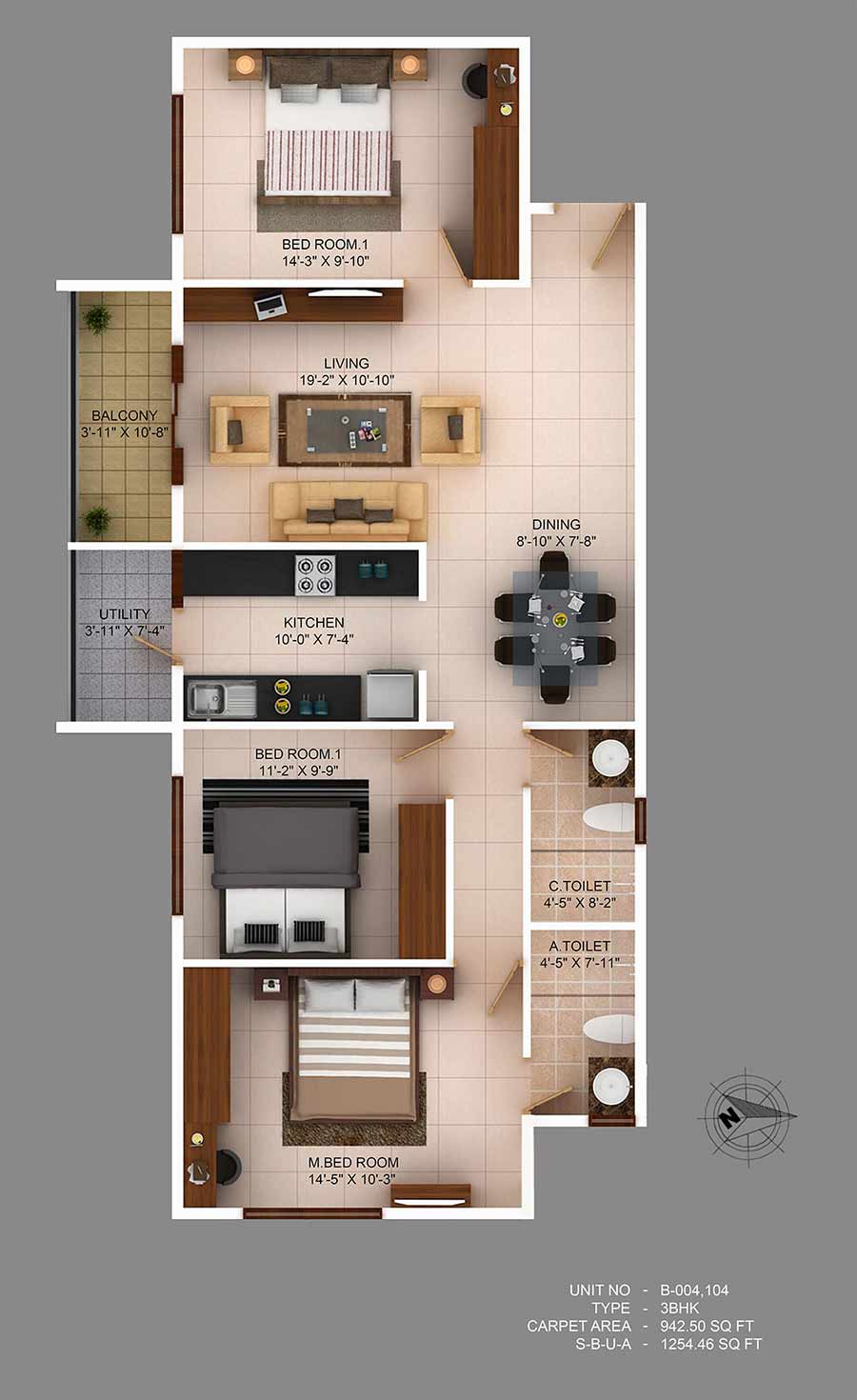 Floor plan of 3 BHK Apartment - 943 sq. ft. in Concorde Wind Rush, Bangalore