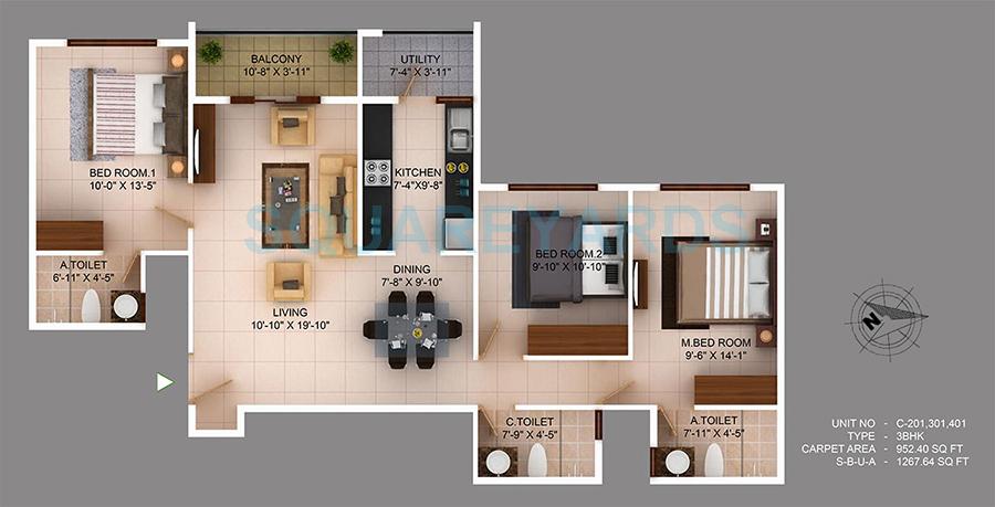 Floor plan of 3 BHK Apartment - 952 sq. ft. in Concorde Wind Rush, Bangalore