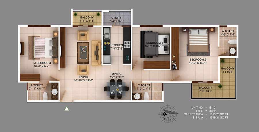 Floor plan of 3 BHK Apartment - 1002 sq. ft. in Concorde Wind Rush, Bangalore