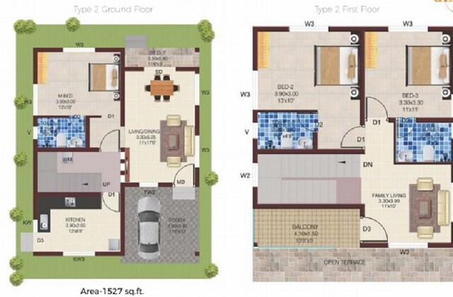 Floor plan of 3 BHK 1527 Sq. Ft. Villa in Confident Amber, Bangalore