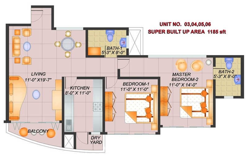 Floor plan of 2 BHK 1185 Sq. Ft. Apartment in Confident Antlia 3, Bangalore