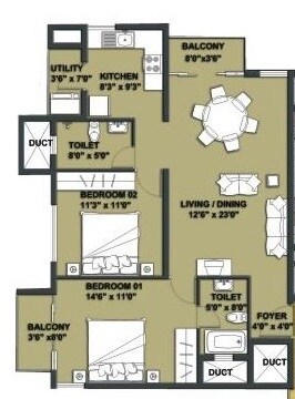 Floor plan of 2 BHK 1185 Sq. Ft. Apartment in Confident Antlia I, Bangalore