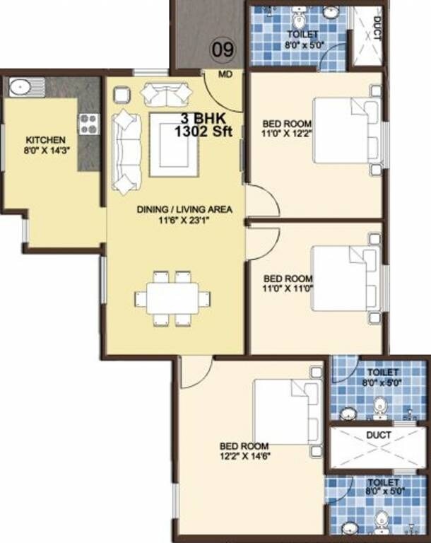 3 BHK 1302 Sq. Ft. Apartment