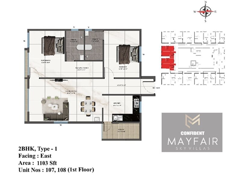 Floor plan of 2 BHK 1103 Sq. Ft. Apartment in Confident Mayfair, Bangalore