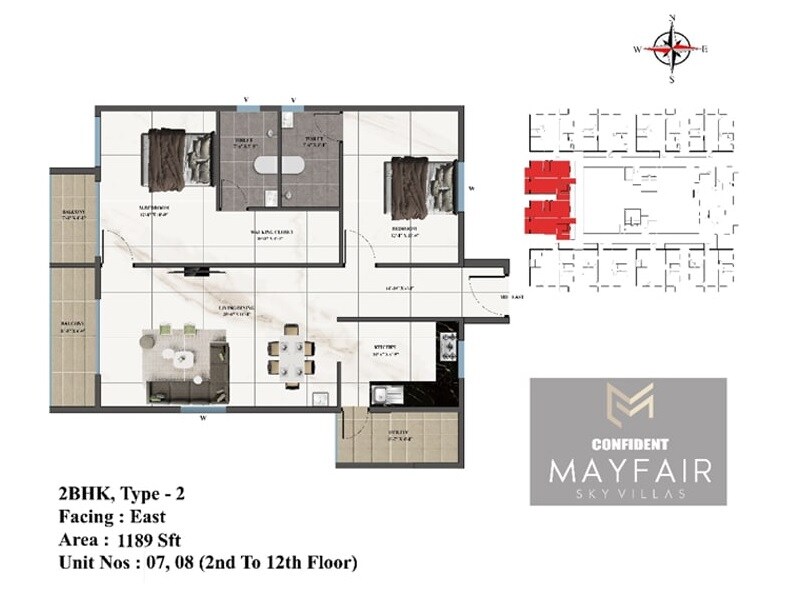 Floor plan of 2 BHK 1189 Sq. Ft. Apartment in Confident Mayfair, Bangalore