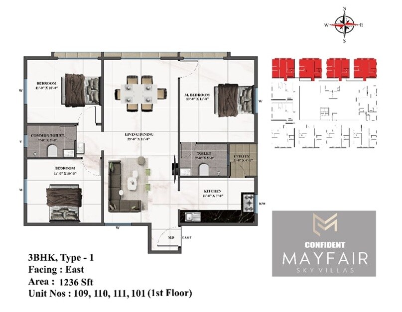 Floor plan of 3 BHK 1236 Sq. Ft. Apartment in Confident Mayfair, Bangalore