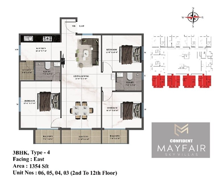 Floor plan of 3 BHK 1340 Sq. Ft. Apartment in Confident Mayfair, Bangalore