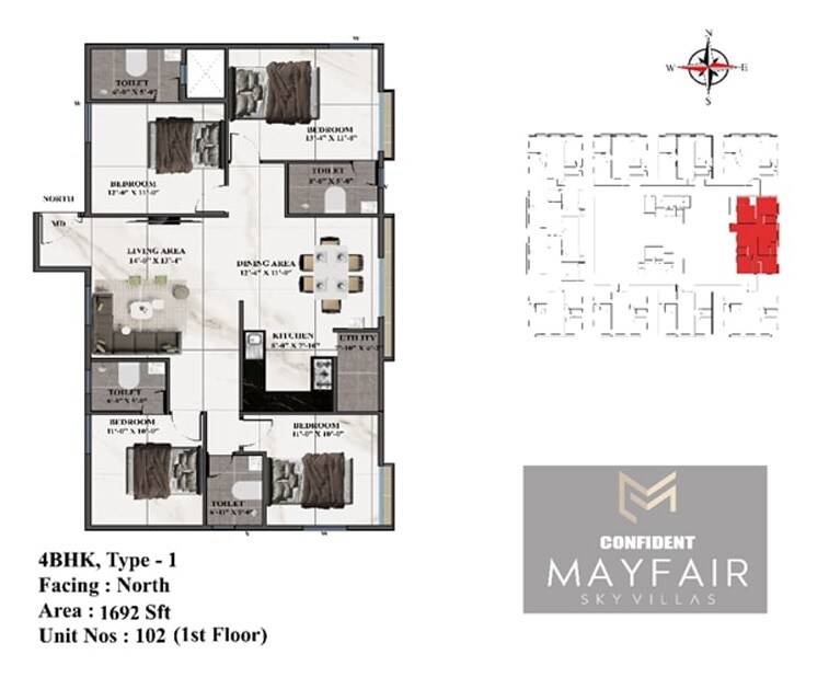 Floor plan of 4 BHK 1692 Sq. Ft. Apartment in Confident Mayfair, Bangalore