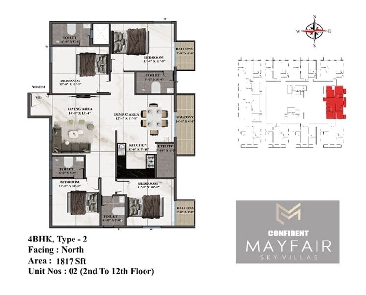 Floor plan of 4 BHK 1817 Sq. Ft. Apartment in Confident Mayfair, Bangalore