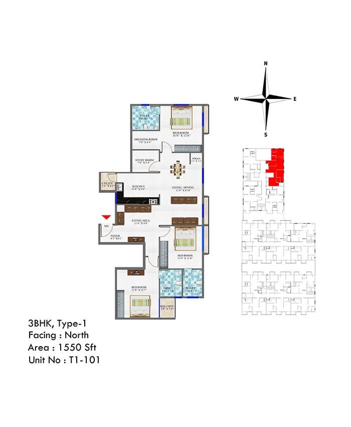 3 BHK 1550 Sq. Ft. Apartment