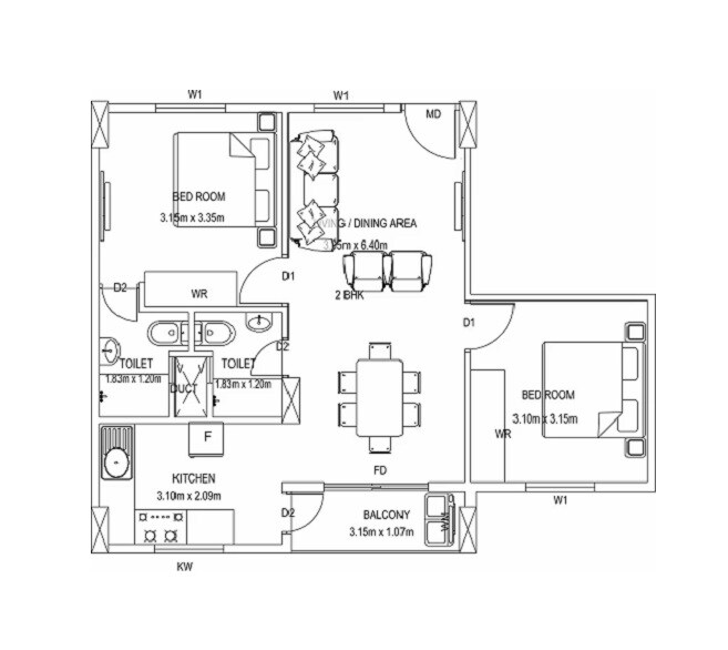 Floor plan of 2 BHK 927 Sq. Ft. Apartment in Confident Oxygen, Bangalore