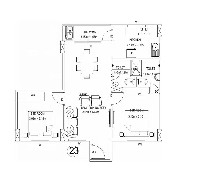 Floor plan of 2 BHK 957 Sq. Ft. Apartment in Confident Oxygen, Bangalore