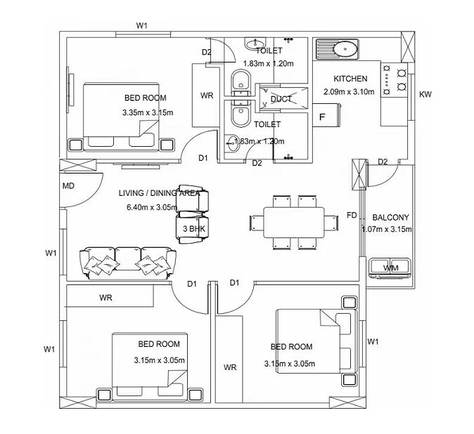 Floor plan of 3 BHK 1087 Sq. Ft. Apartment in Confident Oxygen, Bangalore