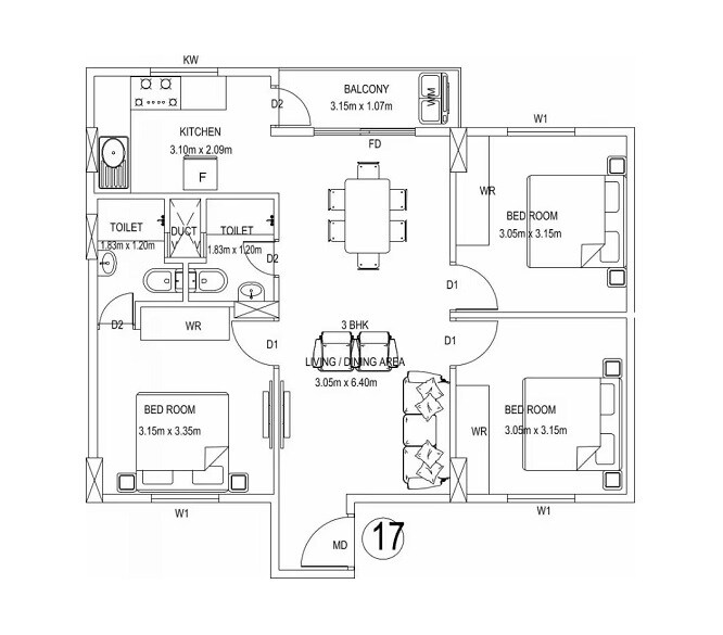 Floor plan of 3 BHK 1114 Sq. Ft. Apartment in Confident Oxygen, Bangalore