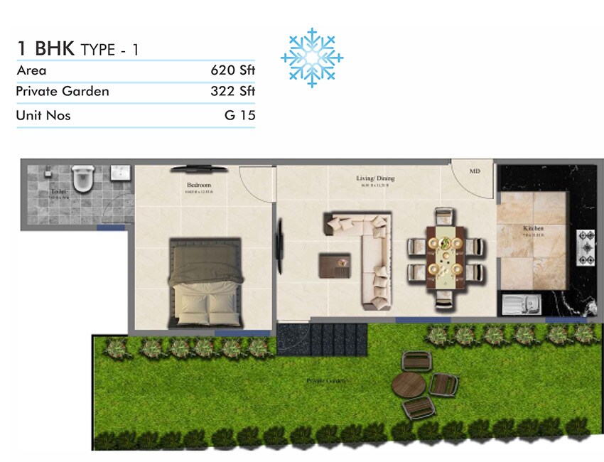 Floor plan of 1 BHK 620 Sq. Ft. Apartment in Confident Snow Flake, Bangalore