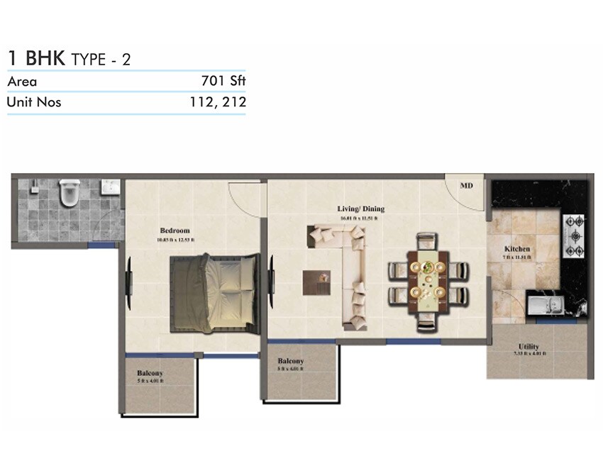 Floor plan of 1 BHK 701 Sq. Ft. Apartment in Confident Snow Flake, Bangalore