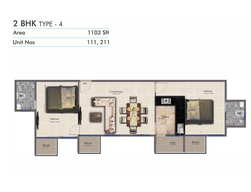 Floor plan of 2 BHK 1103 Sq. Ft. Apartment in Confident Snow Flake, Bangalore