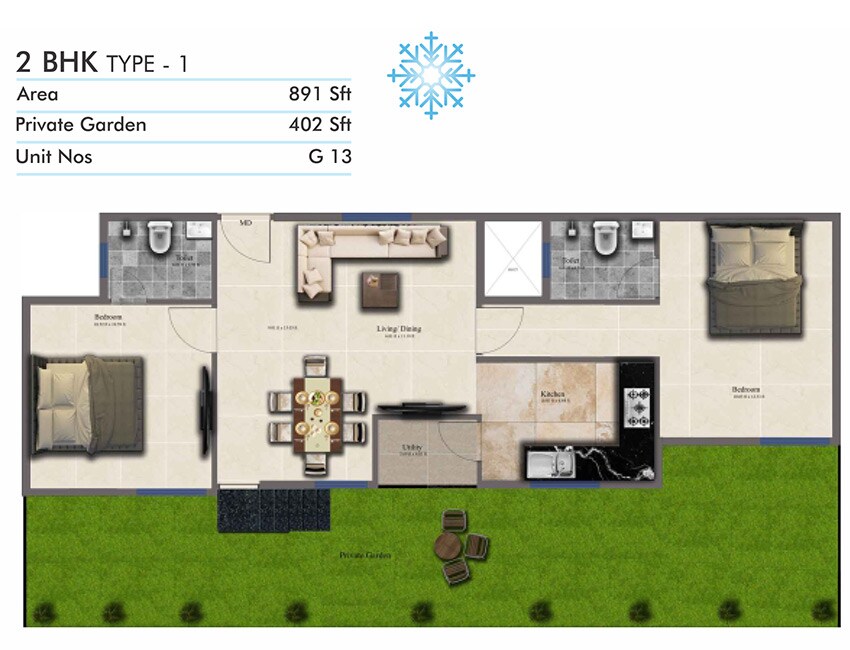 Floor plan of 2 BHK 891 Sq. Ft. Apartment in Confident Snow Flake, Bangalore