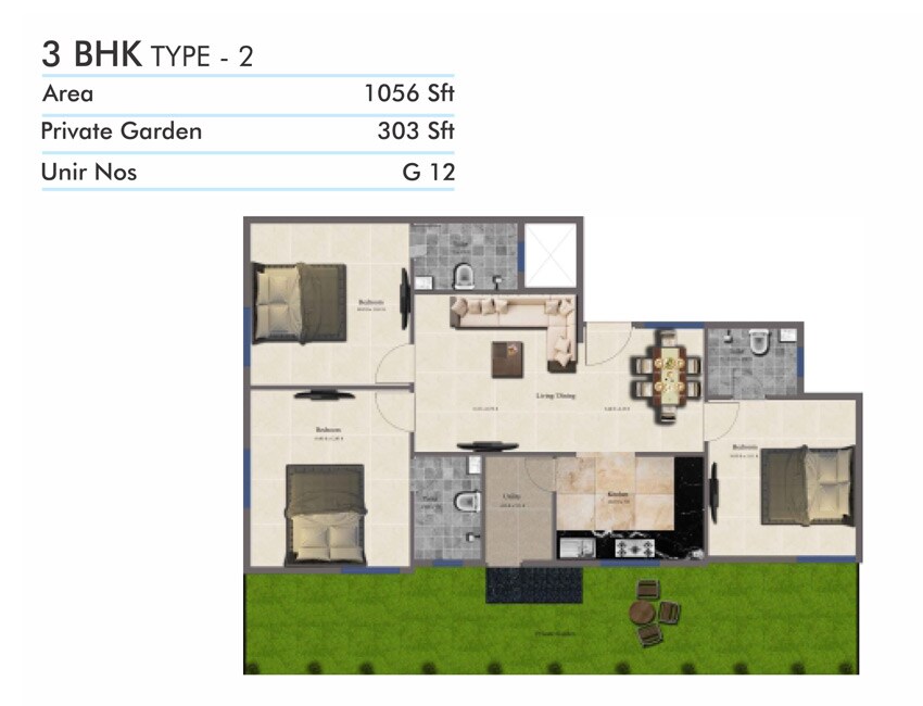 Floor plan of 3 BHK 1239 Sq. Ft. Apartment in Confident Snow Flake, Bangalore