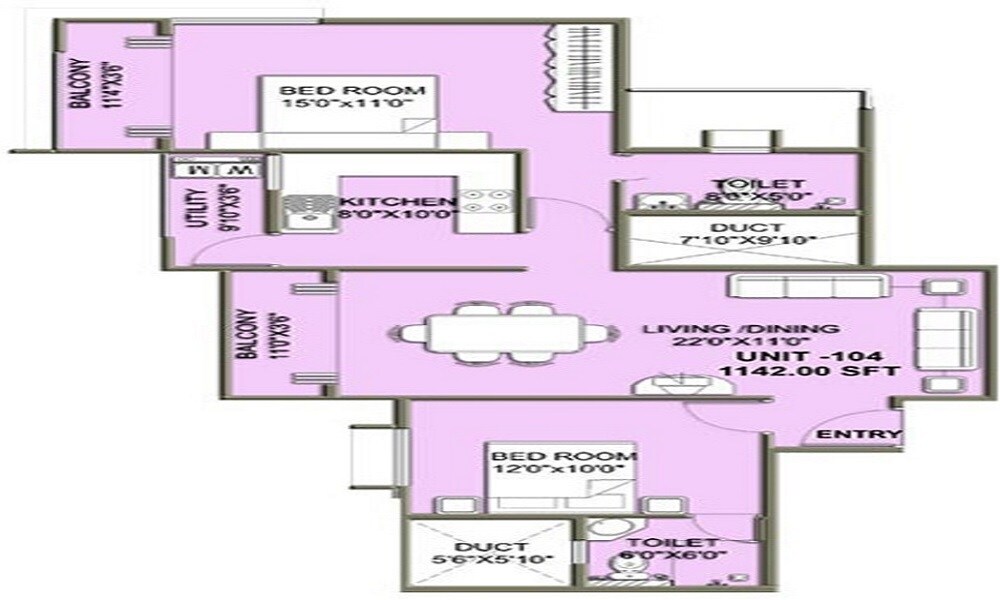 Floor plan of 2 BHK 1124 Sq. Ft. Apartment in Confient Rigel & Althena, Bangalore