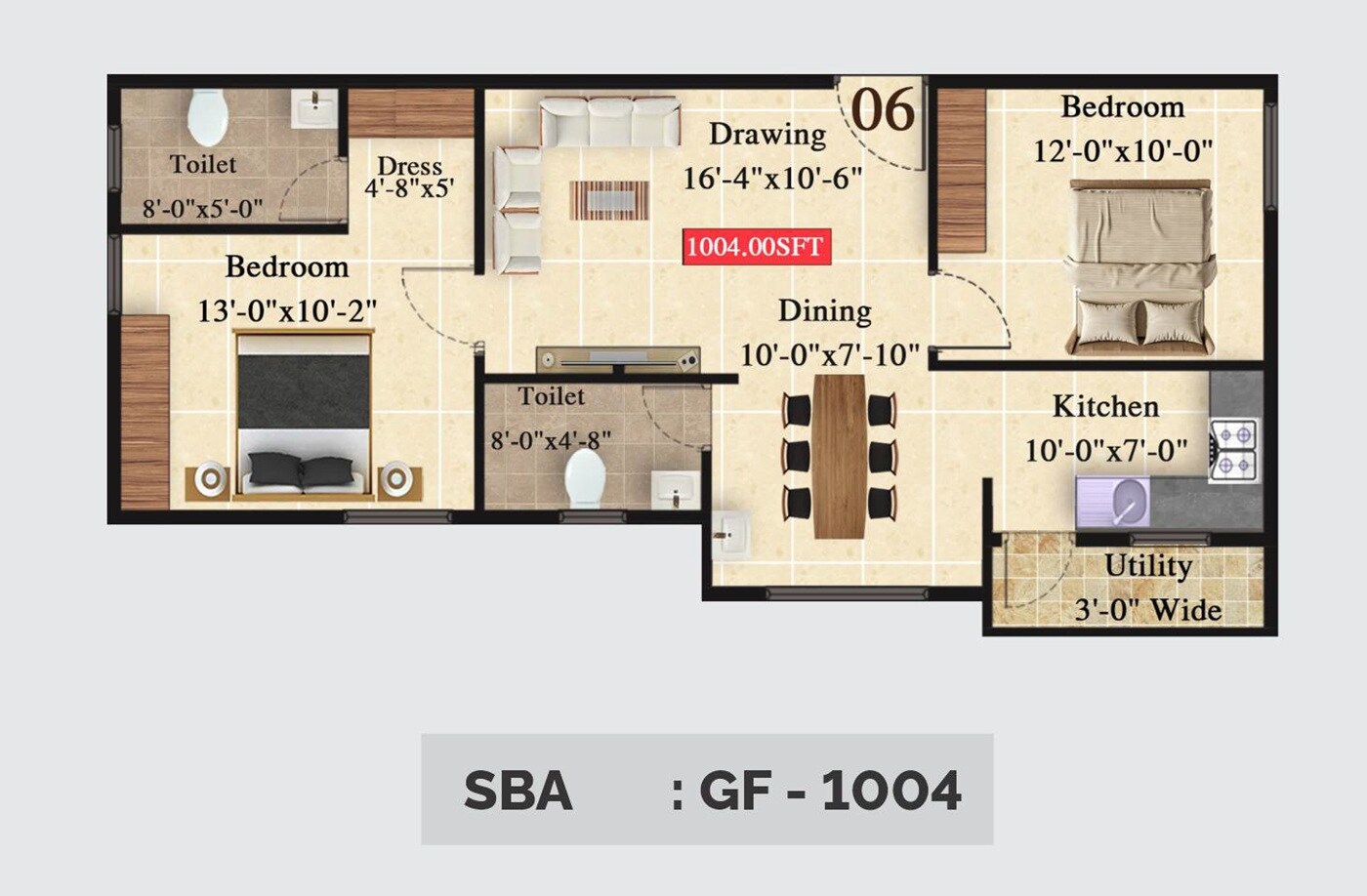 Floor plan of 2 BHK 1004 Sq. Ft. Apartment in Corbital Cosmos, Bangalore