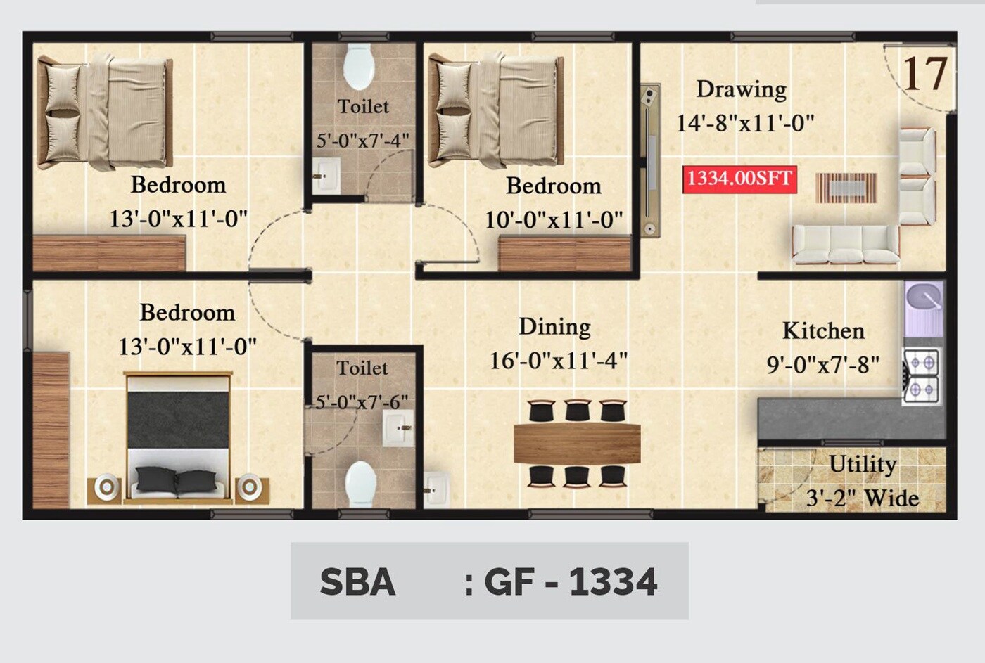 3 BHK 1334 Sq. Ft. Apartment