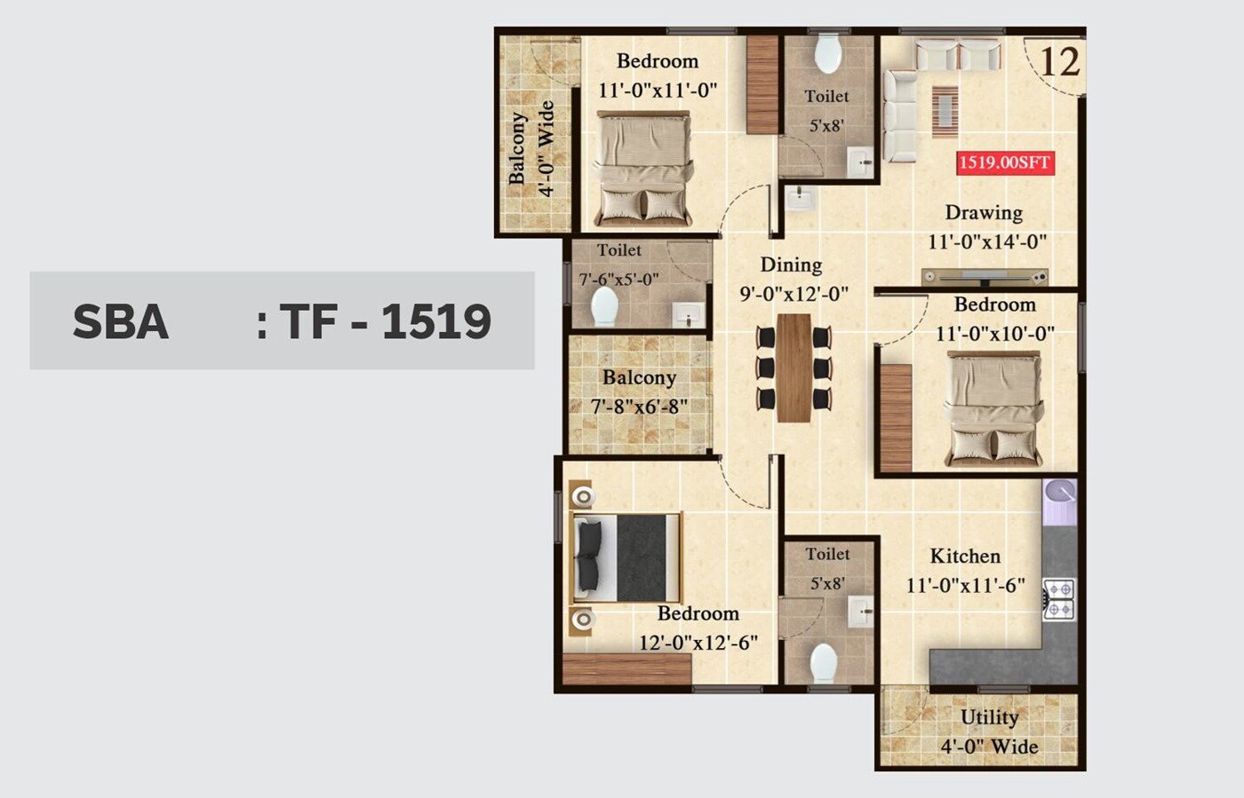 3 BHK 1519 Sq. Ft. Apartment