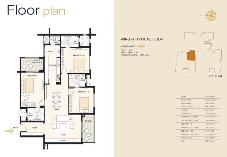 Floor plan of 3 BHK 1980 Sq. Ft. Apartment in Cornerstone Akhinta Residences, Bangalore