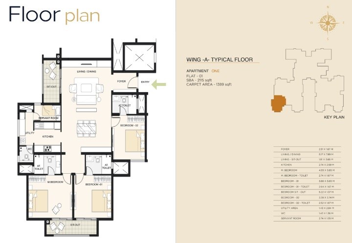Floor plan of 3 BHK 2115 Sq. Ft. Apartment in Cornerstone Akhinta Residences, Bangalore