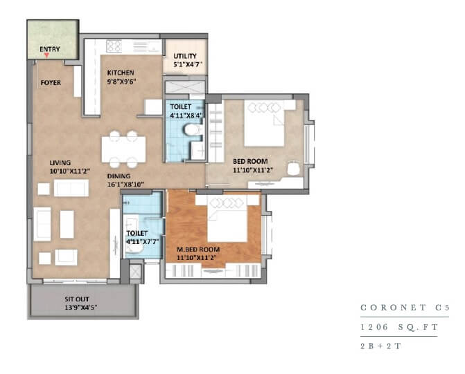 Floor plan of 2 BHK 1206 Sq. Ft. Apartment in Coronet Monarch Aqua, Bangalore