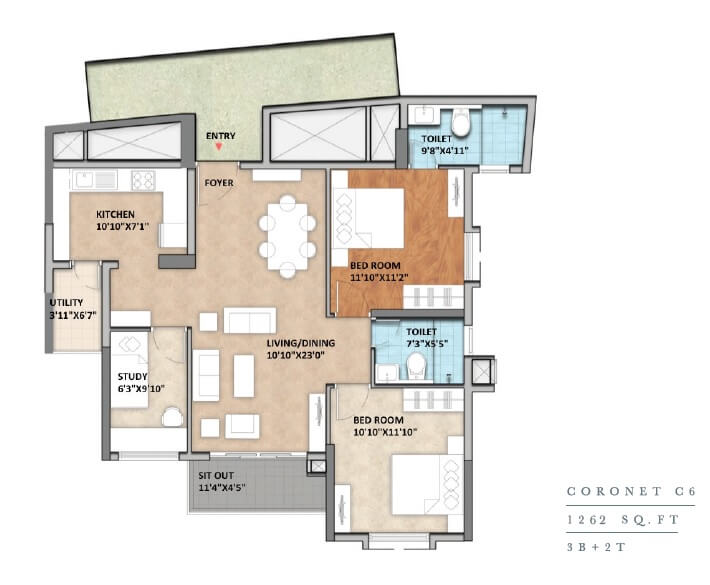 Floor plan of 2 BHK 1262 Sq. Ft. Apartment in Coronet Monarch Aqua, Bangalore