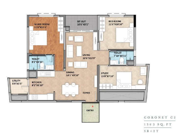 Floor plan of 3 BHK 1365 Sq. Ft. Apartment in Coronet Monarch Aqua, Bangalore