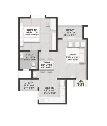 Floor plan of 1 BHK 910 Sq. Ft. Apartment in Corporate Sunrise, Bangalore