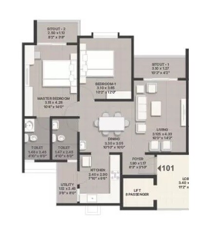 Floor plan of 2 BHK 1080 Sq. Ft. Apartment in Corporate Sunrise, Bangalore